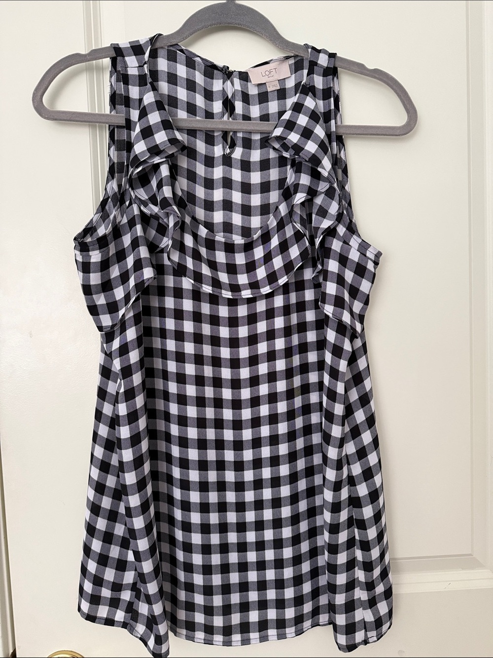 LOFT Black & White Gingham Ruffle Sleeveless Blouse